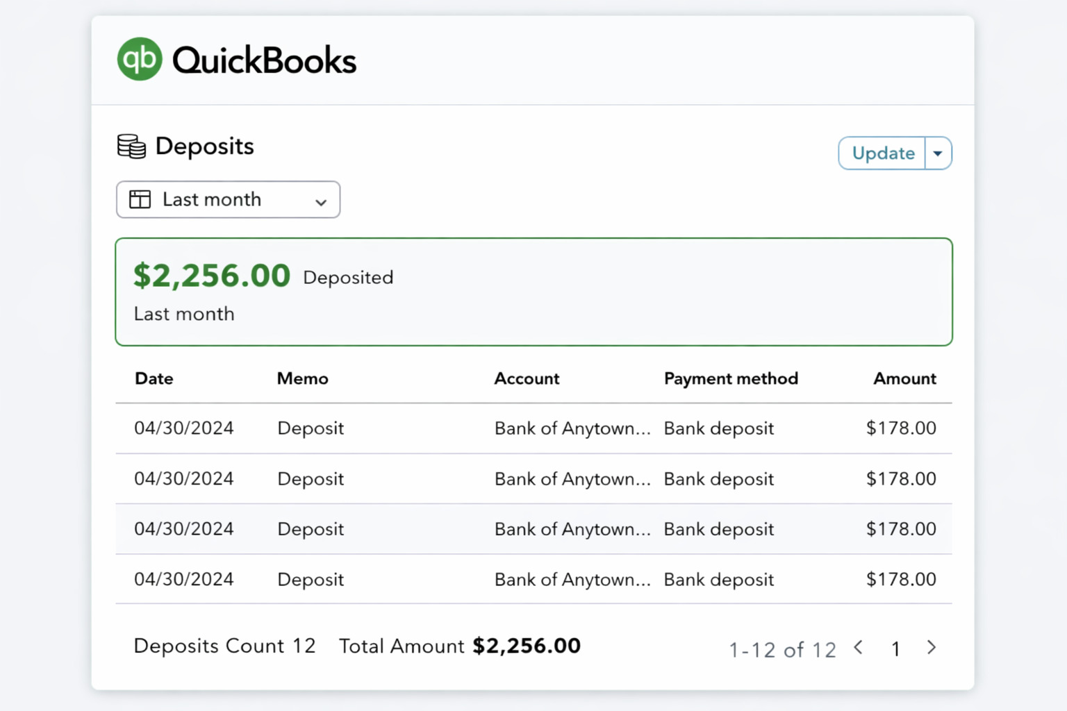 QuickBooks showing deposits